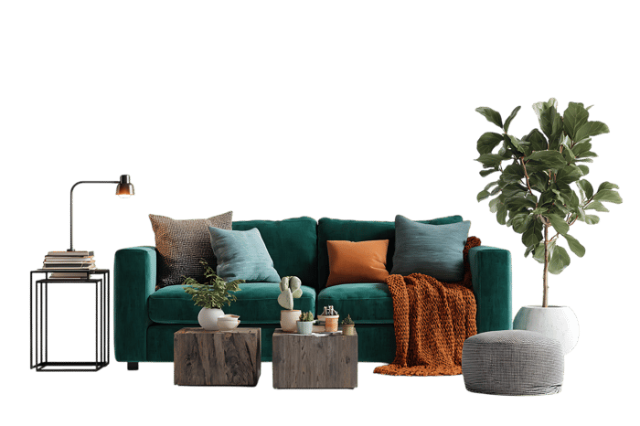 Stylish green velvet sofa in contemporary living room. Cozy home decor