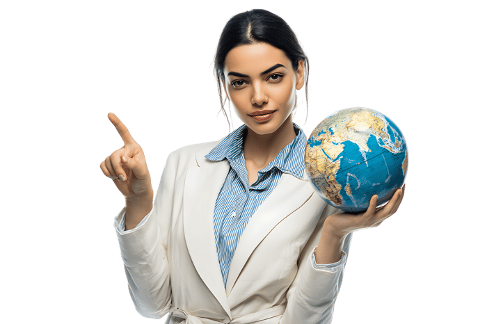 Confident businesswoman holding a globe, pointing an idea.