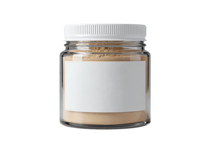 Glass jar with beige powder and blank label495