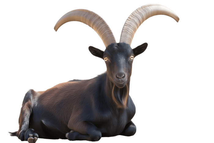 Lying black goat with horns on transparent background