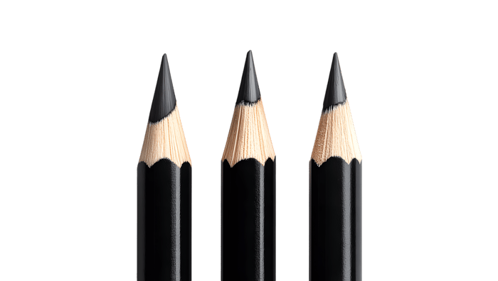 Close up of three sharpened black pencils on black background.