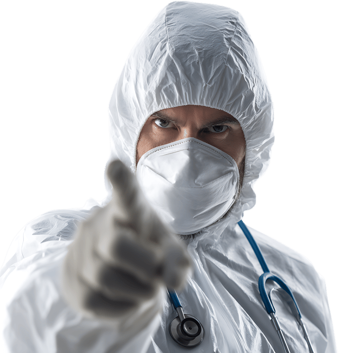 Doctor in protective suit points at you