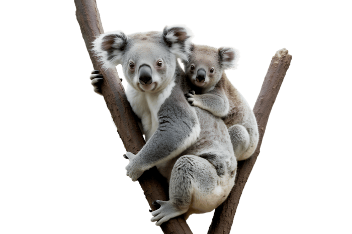Koala mother and baby on tree branch
