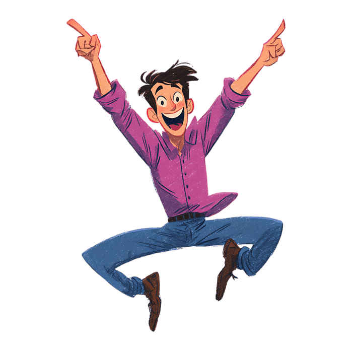 Cartoon man jumping with joy and excitement.