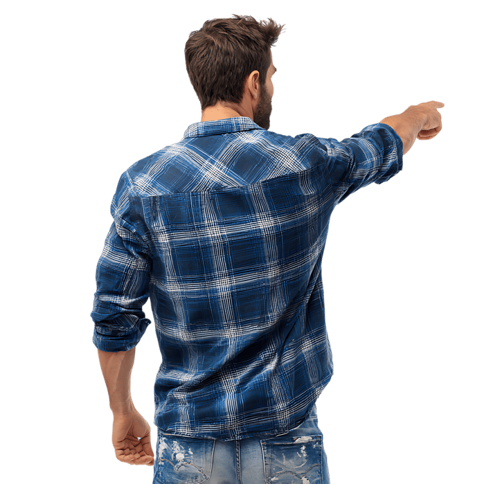 Man in casual clothes pointing away. Back view.