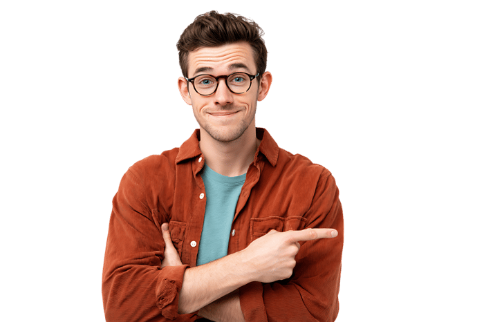 Friendly man in glasses pointing, casual attire, isolated on black background.