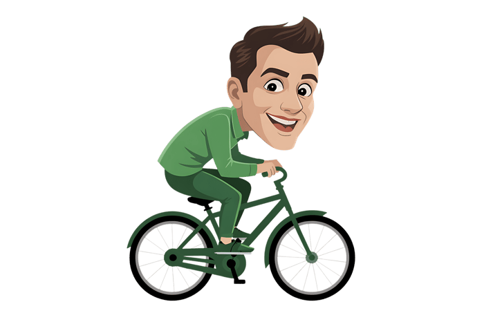 Cartoon man riding a green bicycle