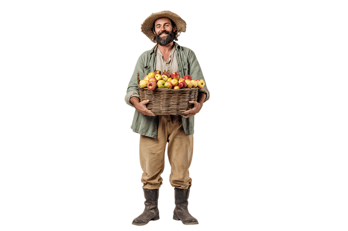 Happy farmer holding a basket of fresh fruits470.