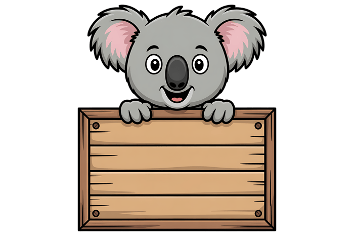 Cartoon koala holding blank wooden sign