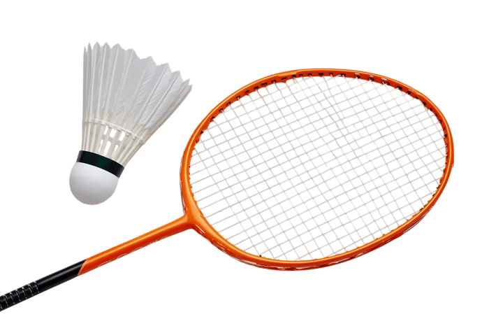 Orange badminton racket and white shuttlecock on black background.