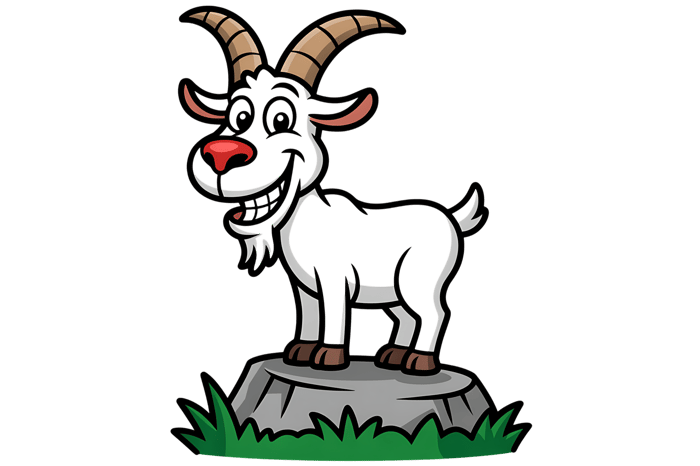 Smiling cartoon goat on rock, farm animal character