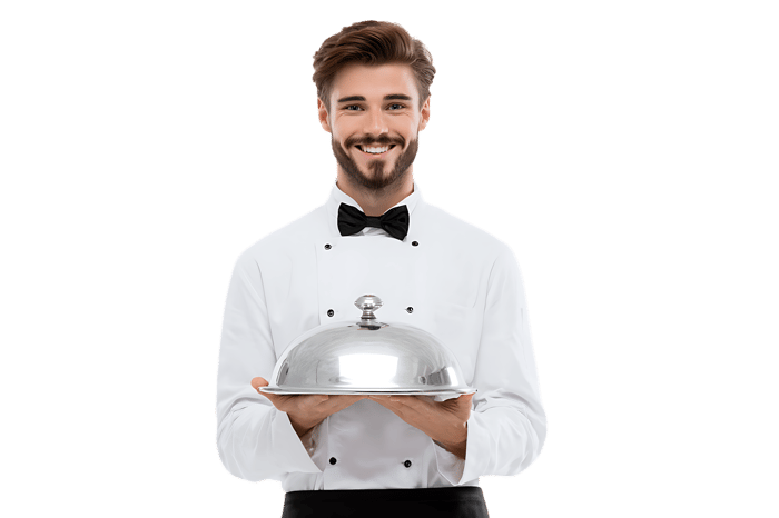 Smiling waiter holding a silver food cloche821.