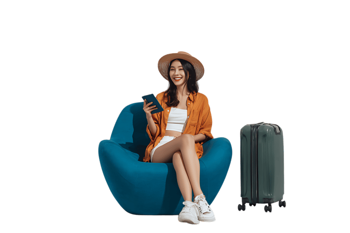 Happy woman ready for travel, holding passport and phone