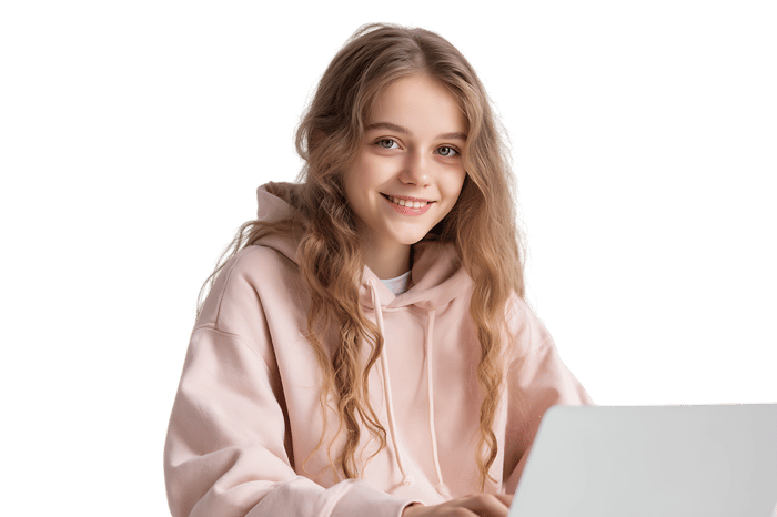 Smiling girl using laptop