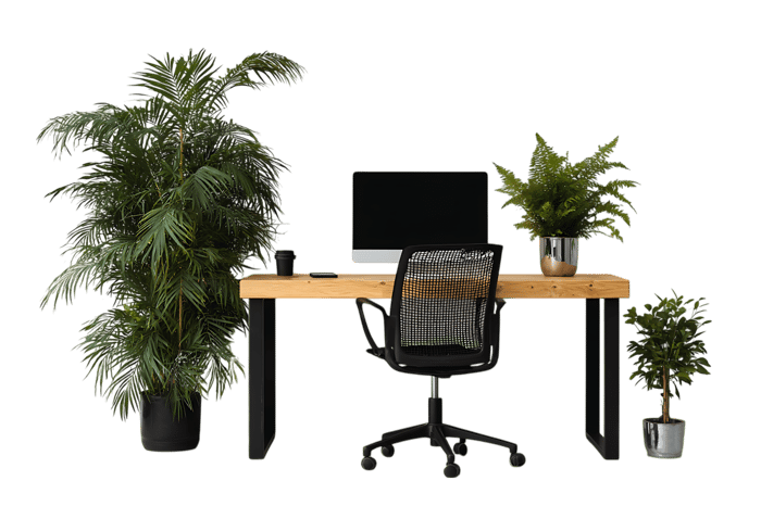 Stylish workspace with wooden desk and office chair