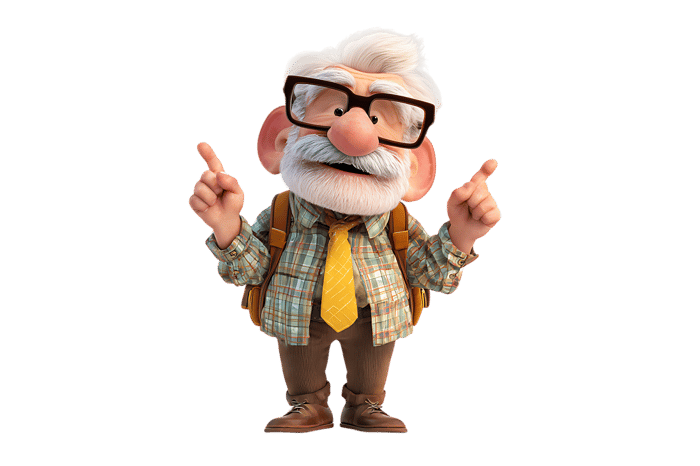 Cartoon old man pointing up with cheerful expression
