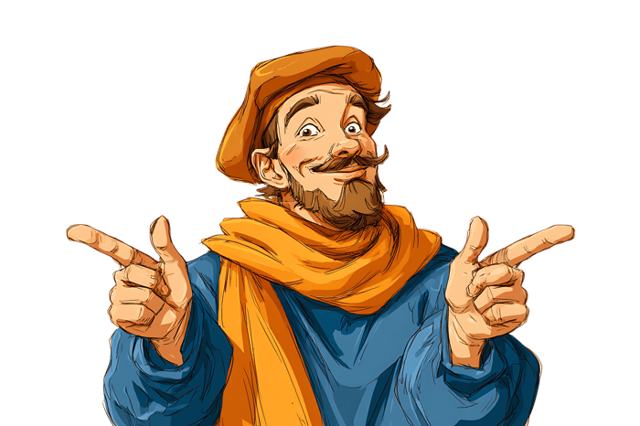 Cartoon man pointing with both hands, happy and smiling