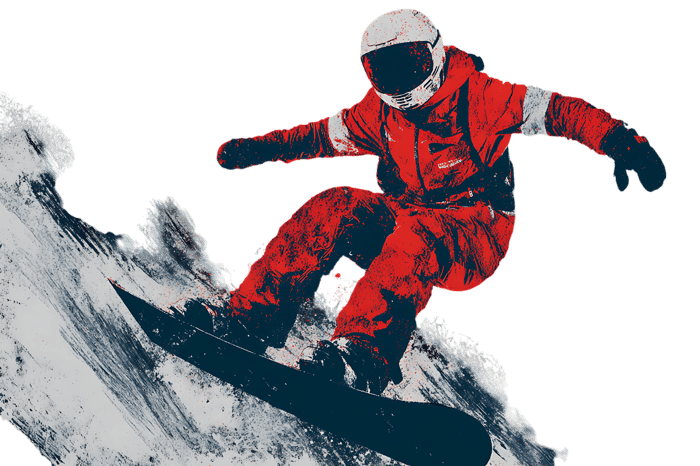 Snowboarder in red suit carving a turn.