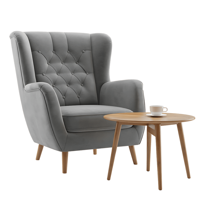 Grey armchair with wooden legs and side table
