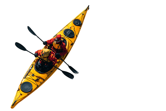 Aerial view of two kayakers in a yellow kayak