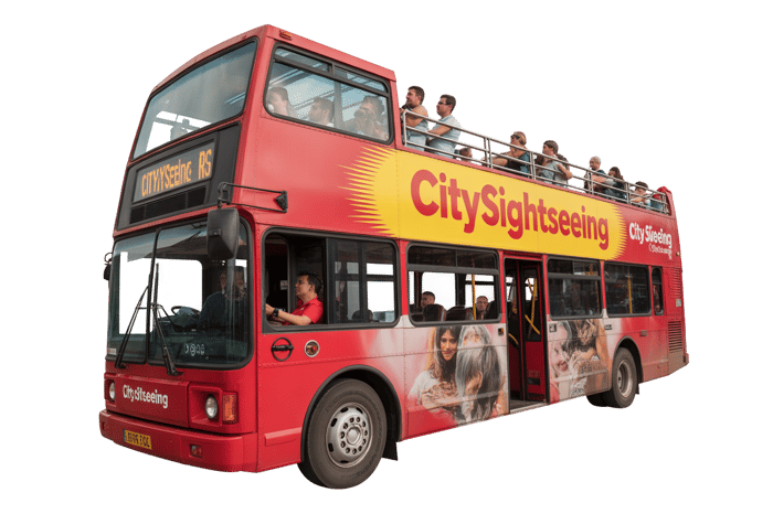 Red double decker city sightseeing bus with tourists