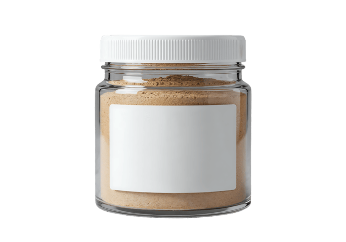 Glass jar with beige powder and blank label