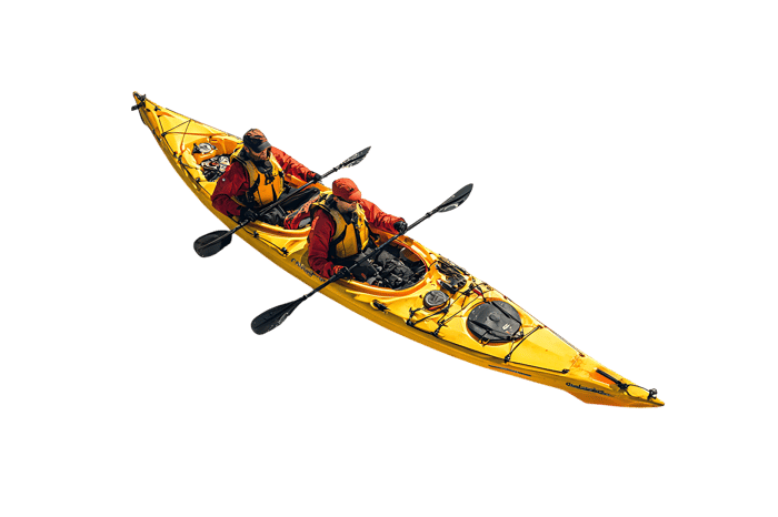 Aerial view of two kayakers in a yellow kayak.