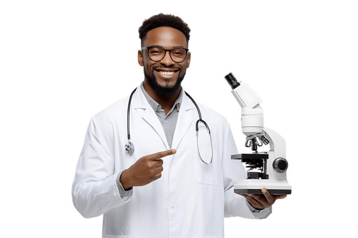 Smiling doctor holding a microscope.
