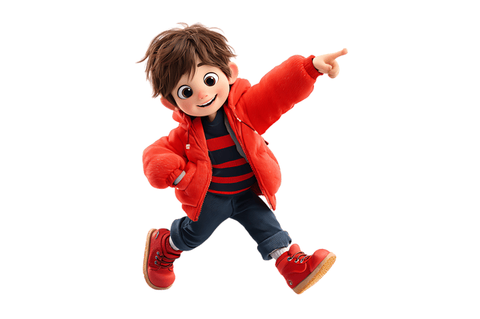 Cartoon boy in red jacket pointing his finger