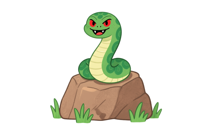 Cartoon snake on a rock with red eyes