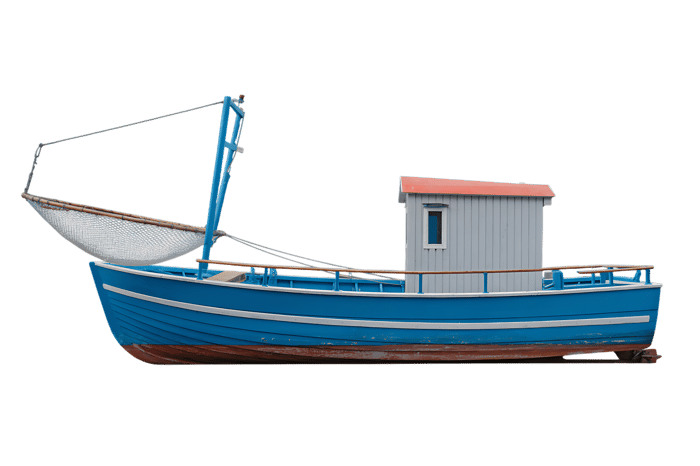 Small blue fishing boat with cabin isolated side view