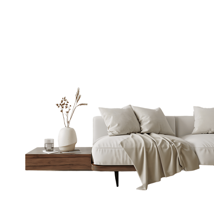 Minimalist modern bedroom interior design with floating nightstand.
