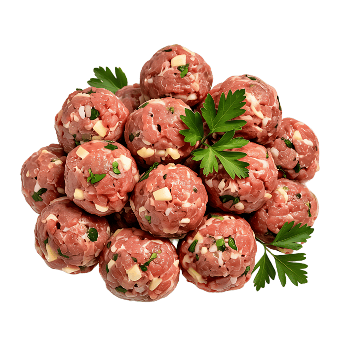 Close up of raw meatballs with parsley.