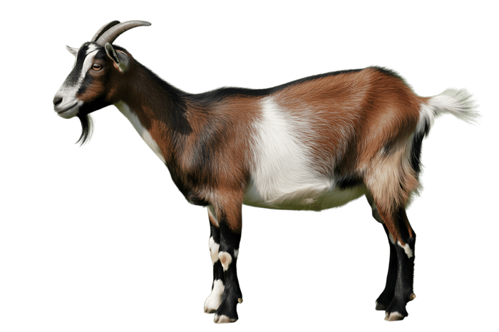 Brown, white, and black goat standing in profile