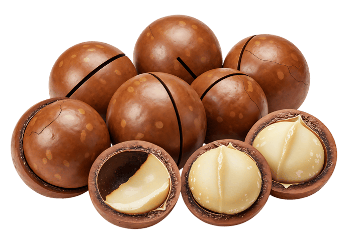 Macadamia nuts, whole and cracked, close up.