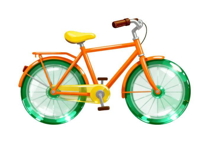 Orange bicycle illustration with green wheels and yellow seat