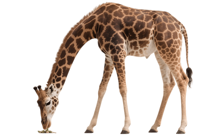 Giraffe eating leaves, isolated on transparent background