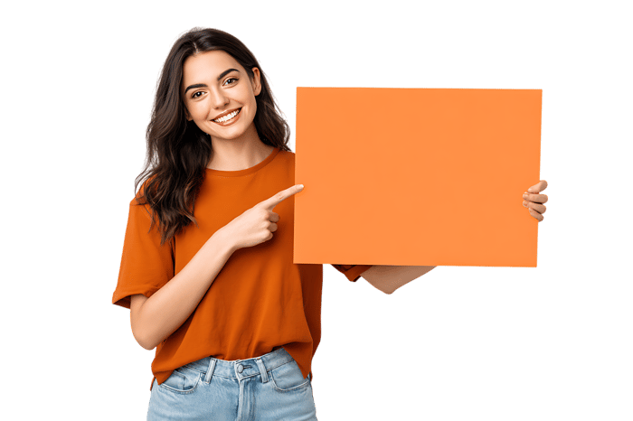 Happy young woman presenting blank orange sign.  Perfect for advertisement602.