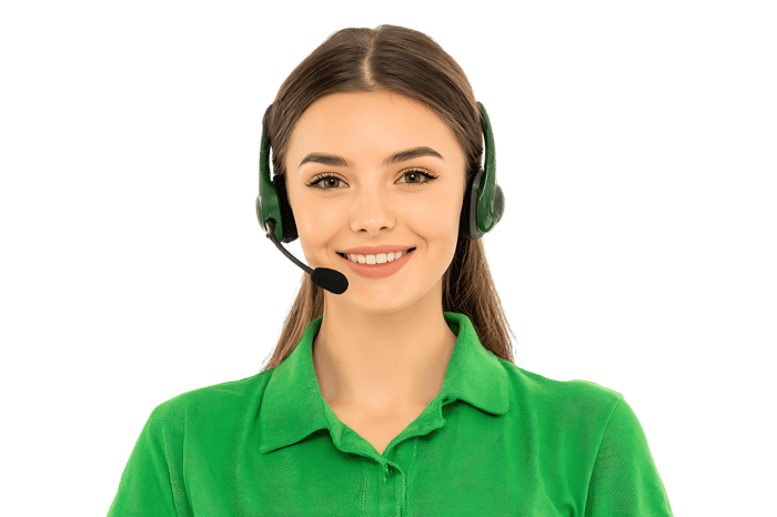 Smiling customer service agent wearing headset.