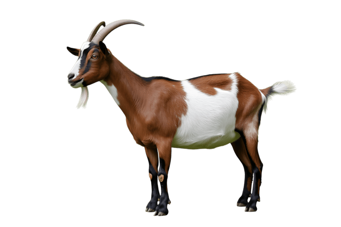 Brown, white, and black goat with horns and goatee