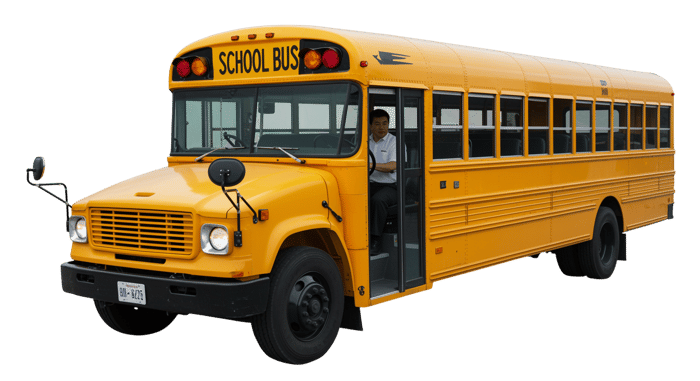 Classic yellow school bus with driver