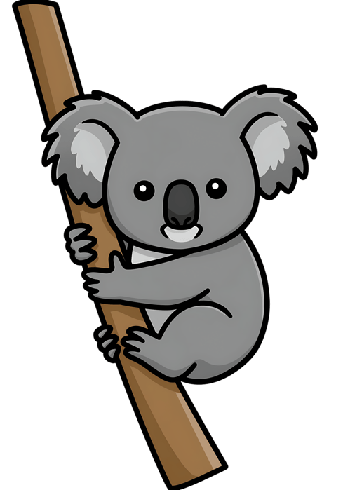 Cartoon koala on branch, cute australian animal illustration