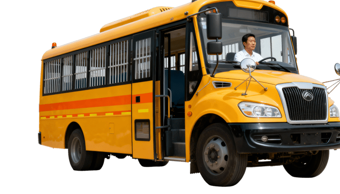 Yellow school bus with asian driver