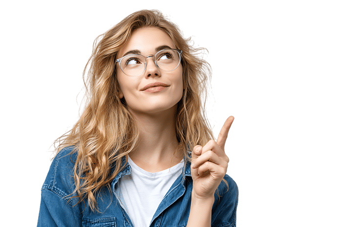 Woman in glasses pointing up, having a bright idea, isolated on black.