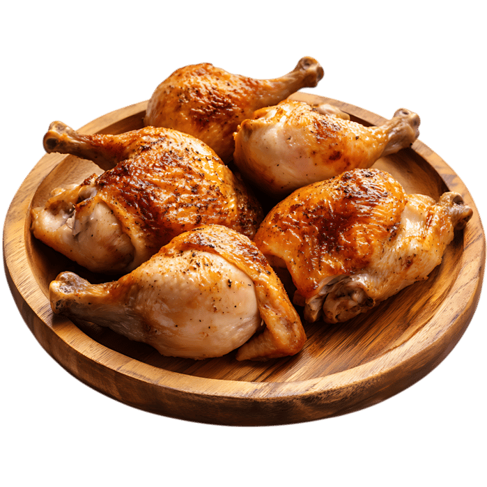 Roasted chicken legs on wooden plate
