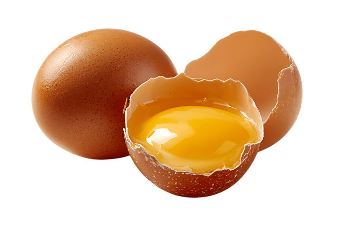 Brown eggs, one whole, one cracked open revealing a vibrant yolk.