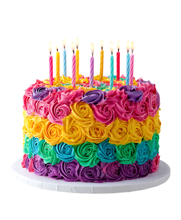Rainbow rosette birthday cake with lit candles.