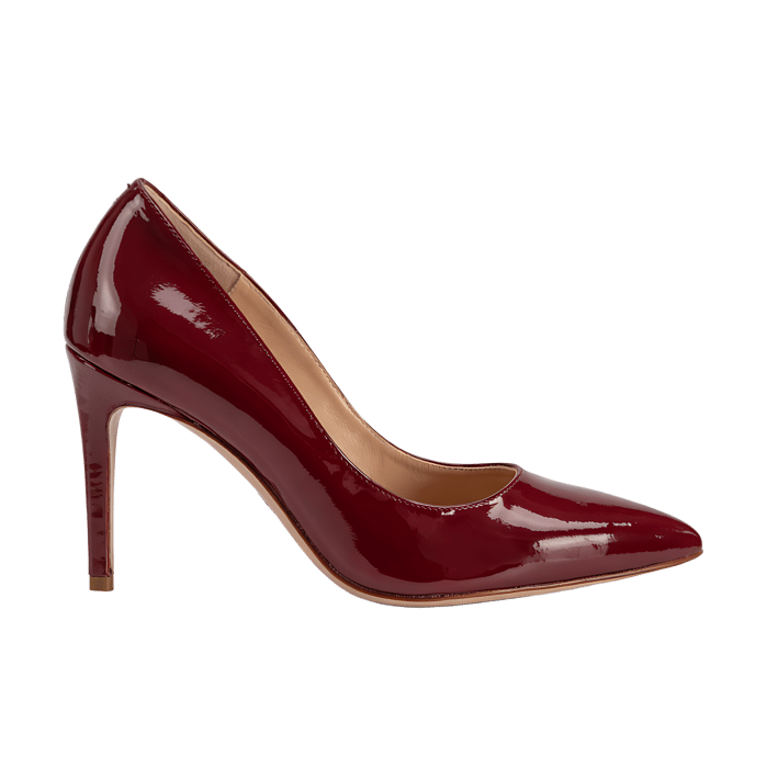 Elegant burgundy patent leather high heels, perfect for a formal occasion.