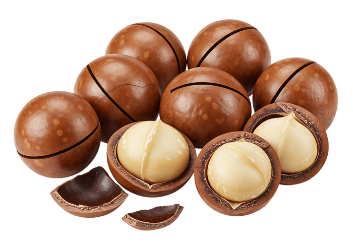 Macadamia nuts, whole and cracked, isolated on black background.