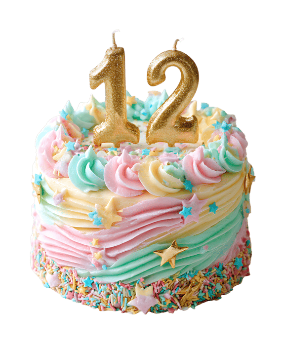A pastel-colored birthday cake with gold candles.